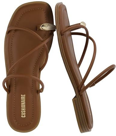 CUSHIONAIRE Venue Women’s Strappy Toe-Loop Slide Sandals with Gold-Tone Accent & Memory Foam Comfort, COGNAC 7