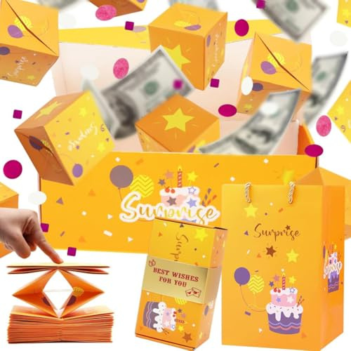 SOFPLATE Überraschungsgeschenkbox „Happy Birthday“ Explosions Geschenkbox Mit Taschenset DIY Kreativ Faltbar Hüpfend 16 Stück Orangefarbene Explosive Karten Für Jahrestag Valentinstag Muttertag Weihna