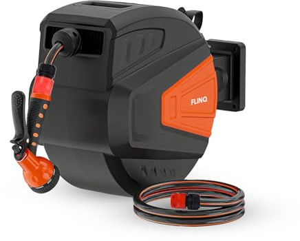 FlinQ 20m Schlauchtrommel Wandmontage - Orange | Gartenschlauch Trommel Automatik 180° Schwenkbar - Schlauchaufroller Wasser mit 9 Funktionen Sprühkopf