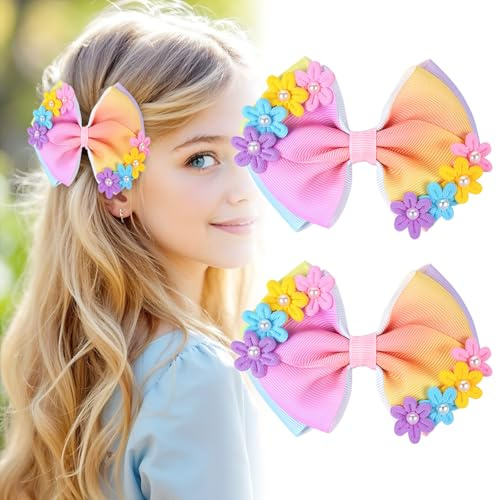 Winmany 2 STÜCKE Kleinkind Mädchen Haarspangen Baby süße Blume Schleifen Haarnadeln Krokodil Clips Haarschmuck für Mädchen (Bunt)