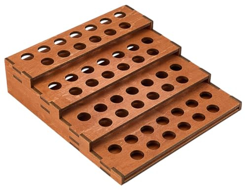 MAYJOYDIY Soporte para pintalabios de madera de 4 niveles con 52 ranuras, 24 x 22,5 cm, tubo elevador grande, soporte de exhibición de madera, organizador para aceites esenciales para herramientas