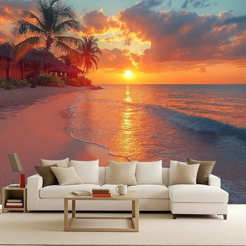 Papel Pintado Fotográfico 300x210 cm 3D Atardecer Paisaje Océano Playa Palmera Patrón Tejido No Tejido Murales Mate‌ Fotomurales Moderna Decoración de Pared Renovación Para Salón Dormitorio Oficina