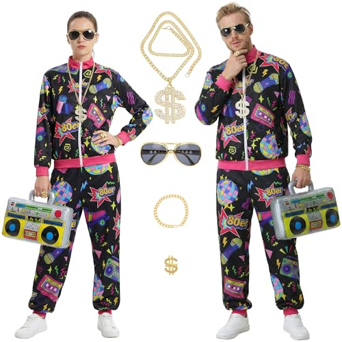 Funnlot 80er Jahre Outfit Damen Herren - Disco 7pcs 80er Trainingsanzug Partner Paar Gruppen Lustige KostüM Karneval Fasching Party KostüM Erwachsene M