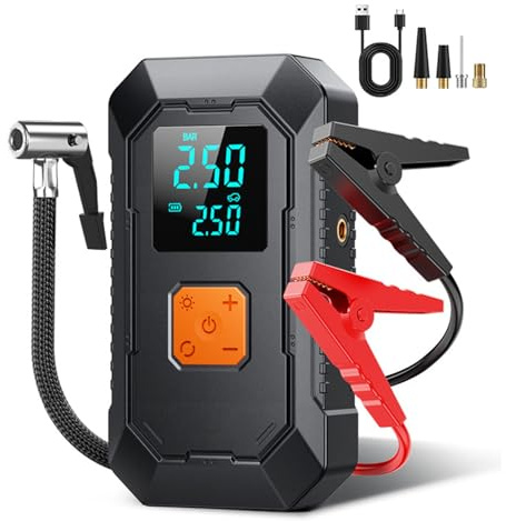 Luocute 150 PSI 12 V Tragbarer Auto-Starthilfe mit Luftpumpe, LED-Licht – Starten Sie den 5,0-l-Motor Mehr Als 10 Mal, den (6000 mAh + gewöhnliche Klemme)