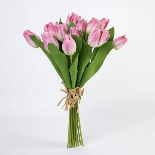 MOBENOOK Real Touch Artificial Tulips, 21PCS PU Fake Tulip Flowers with Light Fragrance, Faux Tulip Bouquet for Wedding Decorations, Bridal Bouquets, Home Table Centerpieces (Pink)
