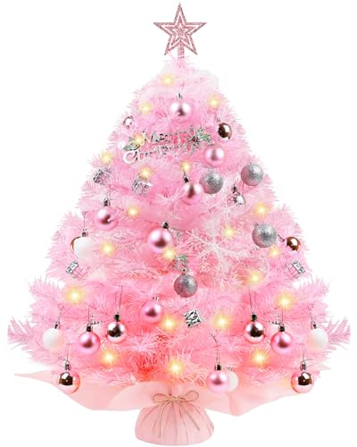 Árbol de Navidad pequeño de 60 cm, mini árbol de Navidad rosa con iluminación LED, decoración de mesa, árbol de Navidad artificial para cocina, salón, habitación infantil, oficina