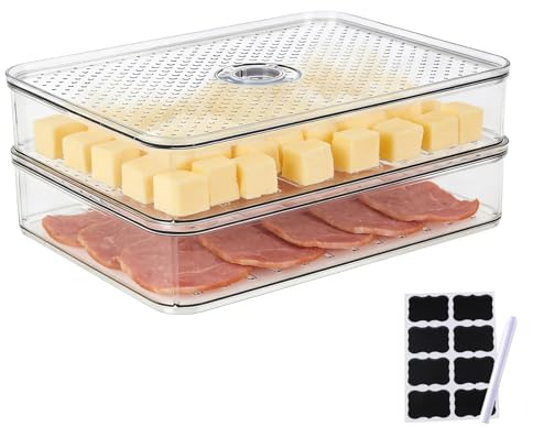 Hynorian Käsedose Kühlschrank Set mit 2 Ebenen, Deckel und Datumsanzeige | Wurst aufbewahrung Kühlschrank für gut sichtbare Lebensmittel und eine geordnete Auswahl bei Frühstück und Abendbrot