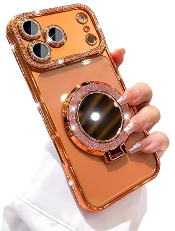 Emlivi Hülle für iPhone 17 Pro Max, Magnete Kabelloses Laden mit Spiegel Ring Ständer Handyhülle Transparente Magnetische Hülle Funkelndem Kameraschutz Case Luxus Diamant TPU Schutzhülle, Orange