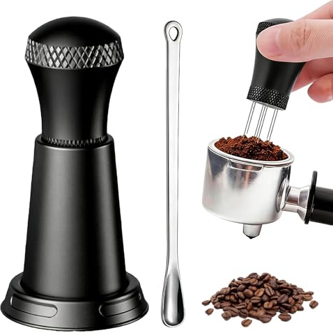 WDT Tool Espresso Distribution Tool, 0.3mm Stainless Steel 10 Needles Coffee Stirrer Distributor with Stand & Coffee Spoon, Espresso Accessories for Barista Home Café, Black