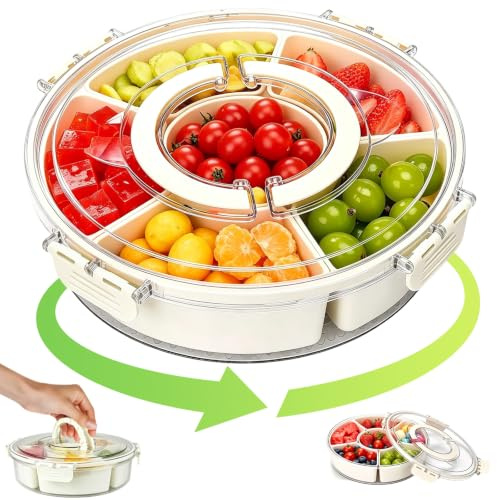 PXBSNB Snackslåda med fack, 360° Spinner snackslåda rund, snackstallrik med lock och handtag, snacksskål 6 avtagbara fack, förvaringslåda mellanmålslåda för snacks godis nötter frukt kryddor