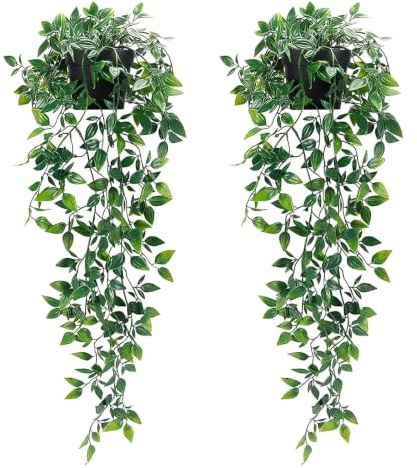 HeeTeem Artificial Hanging Plants, 2 Pack Fake Plants Artificial Plants | Hanging Artificial Plants Indoor with Black Pots, Fake Ivy Faux Plant for Home Room Decoration Wall Shelf Indoor