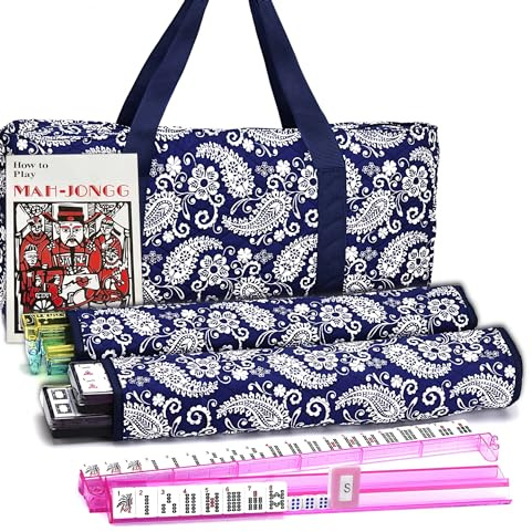 Mose Cafolo American Mahjong Set, Blue Paisley Carrying Bag,166 Premium White Tiles,4 All-in-One Color Rack/Pushers Complete Mahjong Tiles Set (Ma Jong, Mah-Jongg, Majiang)