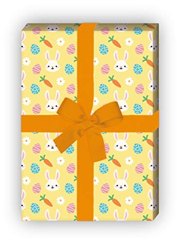 Niedliches Oster Geschenkpapier mit Hasen, Karotten und Eiern für schöne Geschenkverpackung 32 x 48cm, 4 Bögen zum Einpacken für Geburtstage, Geburt, Ostern, gelb