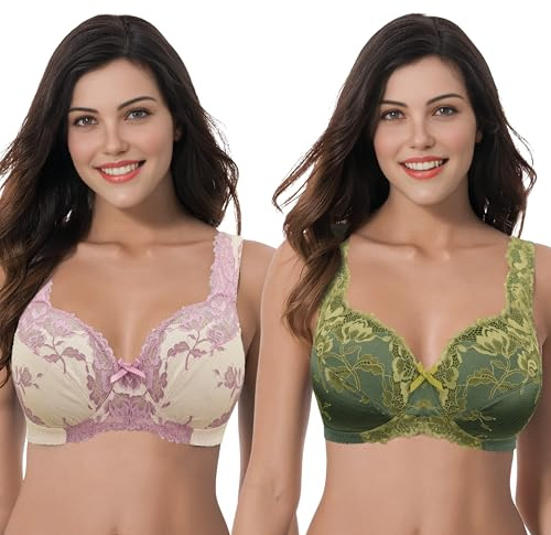 Curve Muse Sujetadores de Cobertura Completa de Encaje inalámbrico sin Forro para Mujer Talla Grande minimizador-Paquete de 2-(EU:105C)