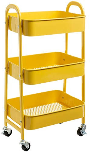 DOEWORKS Servierwagen mit Rollen Rollwagen Metall 3 Etagen Küchenwagen Bastelwagen Rollwagen Küche Aufbewahrungswagen für Wohnzimmer Schlafzimmer Badezimmer Büro, Gelb