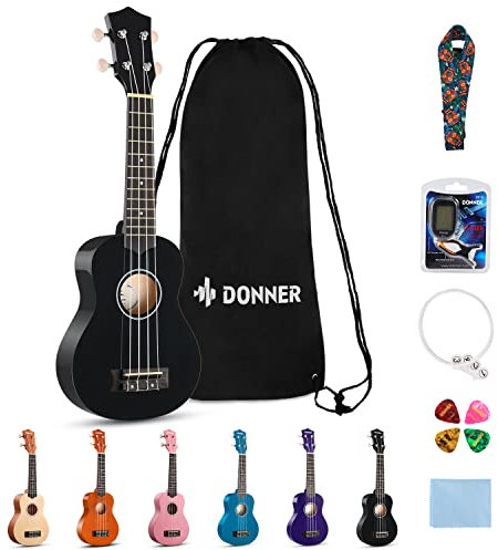 Donner Ukulele für Anfänger Sopran Ukulele 21 Zoll Schwarz Starter Kit mit Nylon Saiten Hawaii Gitarre