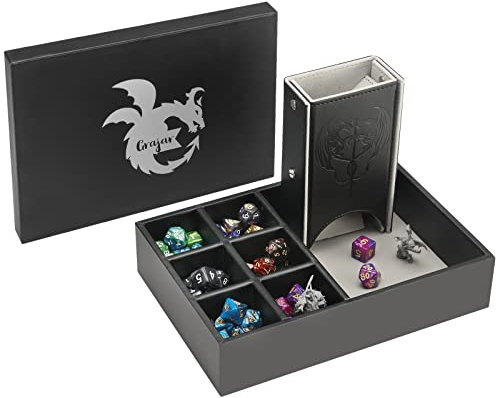 Grajar DND Würfelablage und Würfelturm mit Aufbewahrung, 3-in-1-Würfelrolltablett mit Deckel, tragbare Würfelbox, DND-Würfelhalter für Dungeons and Dragons, D&D, RPG, MTG, Tischspiele, Grau