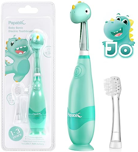 Papablic Cepillo de dientes eléctrico Baby Sonic para niños de 1 a 3 años con bonita cubierta de dinosaurio y temporizador LED inteligente (Jo)