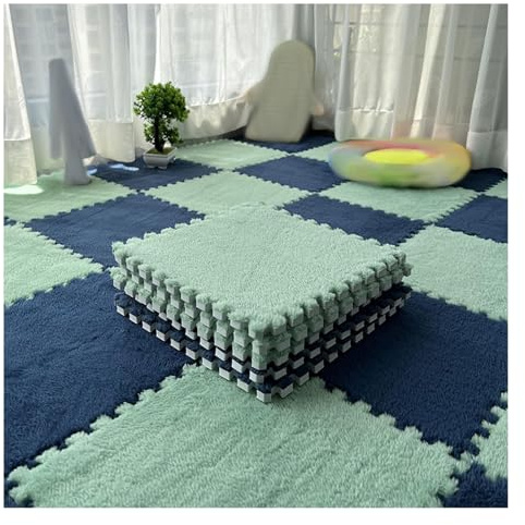 10 Stück Weiche, Zottelige Teppiche, Flauschige Ineinandergreifende Teppichfliesen, rutschfeste Spleiß-Puzzle-Spielteppich-Bodenfliesen, Sensorische Matte(Color:Hellgrün+Marineblau)