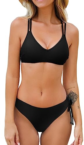 CUPSHE Damen Bikini Set V Ausschnitt Low Waist Crossback Schwarz L