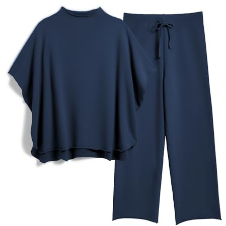SeeLuNa Women's Two Piece Outfits 3/4 Batwing Sleeve Capelet Crew Neck Pullover Top Wide Leg Pants Lounge Set, Navy, M
