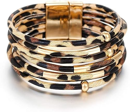 aesdox Leder Wrap Armbänder für Frauen, Boho Leopard mehrschichtige Kristallperlen Manschette Armband Schmuck Geschenk