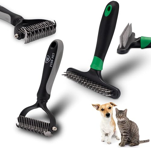 FinoPet 2er Set mit verschiedenen Unterfellbürste/Unterwollbürste und Striegel, Langhaar Kurzhaar Unterwolle Bürsten, Tierhaarentferner, Hundekamm, Katzenkamm, Katzenbürste, Hundebürste