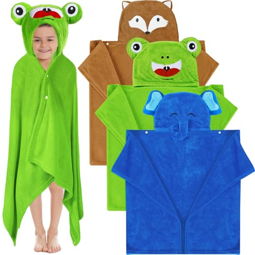 Moukeren 3 Pcs Hooded Towel for Kids 27.5 x 50 Inch Large Toddler Baby Bath Towel Coral Fleece Soft Absorbent Kids Shower Blanket for 3-10(Dark Blue, Green, Red,Elephant, Frog, Fox)