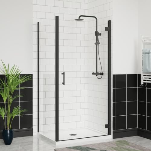 Aquariss Shower Enclosure Hinged Door with Side Panel Black 900x900mm | Brass Hinges, Stainless Steel Handle, Aluminum Frame, Toughened Easy Clean Glass, Reversible, Wall Adjustment, Seal Strips