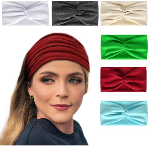 Bandana-Stirnbänder für Damen, breit, gewellt, Boho-Kopftücher, Turban-Stoff, elastisches Stirnband, Yoga, Haarbänder, Sport, Laufen, Kopftücher (weißes Stirnband), 6 Stück