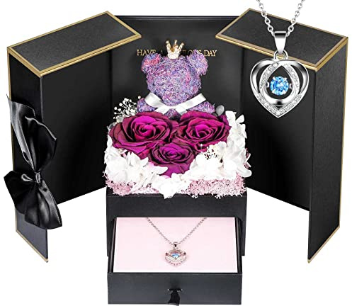 ADDWel Preserved Purple Roses Gift Set with Blue Heartbeat Necklace, Real Forever Flowers & Teddy Bear, Romantic Birthday Gifts for Wife, Girlfriend, for Her