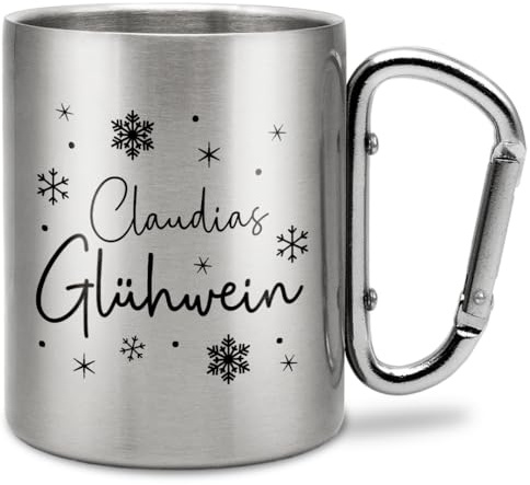Prozente Momente Glühweinbecher Personalisiert | Edelstahl-Trinkbecher mit Karabinerhaken | Geschenkidee | 330 ml | Becher | Camping | Vereine | Silber