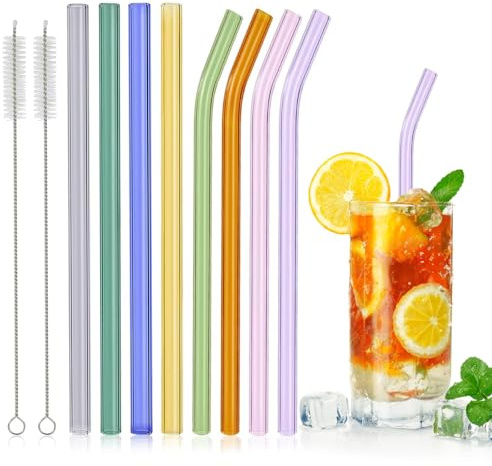 8Pcs Glass Drinking Straws Reusable, Durable Glass Straws Shatter Resistant | 4 Curved + 4 Straight Glass Straws + 2 Cleaner Brushes, Multicolour Glass Boba Straws Kit for Tea Milk Coffee