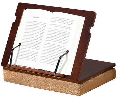 Juexica Buchständer aus Holz, 37 x 27 cm, tragbarer Schoß-Kochbuch-Bibellese-Halter mit Seitenclips und Kissen, Lese-Regal, verstellbares Knietablett für Küche, Sofa, Couch, Bett, Lesen