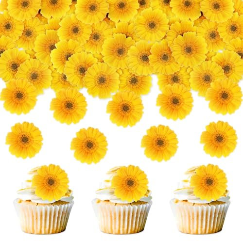 40 Stück Essbare Sonnenblume Blumen Cupcake Toppers Sonnenblume Tortenaufleger Essbare Blumen Tortendekoration Picks Hochzeit Baby Dusche Party Hochzeit Jahrestag Geburtstag Party Cupcake Dekoration