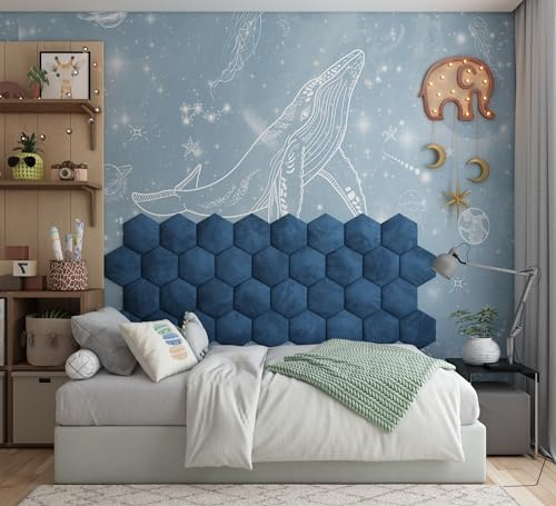 4er-Pack – Weiche Velours-Akustikwandpaneele | Dekorative Kopfteilpaneele für Kinderzimmer und Spielzimmer | Gemütliche Wandpolsterung und Schutzleiste | Farbe: [4x Hexagon (25x25cm) | Blau]