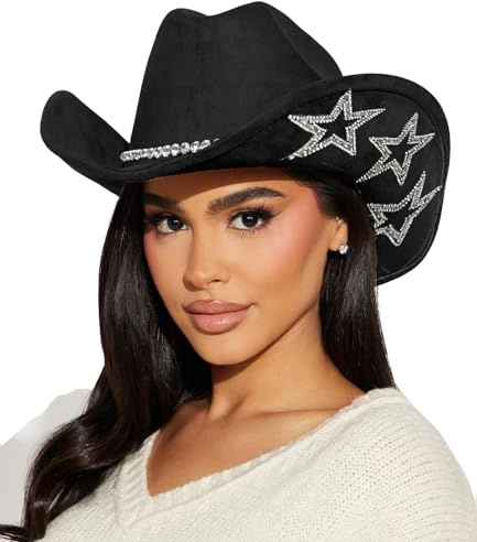 HilyBony Klassischer Western-Cowboyhut Glänzend Strass Stern Cowgirl Filzhut für Partykostüme