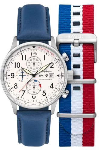 AVI-8 Hawker Hurricane Montre chronographe classique avec bracelet en cuir pour homme 43,5 mm AV-4011