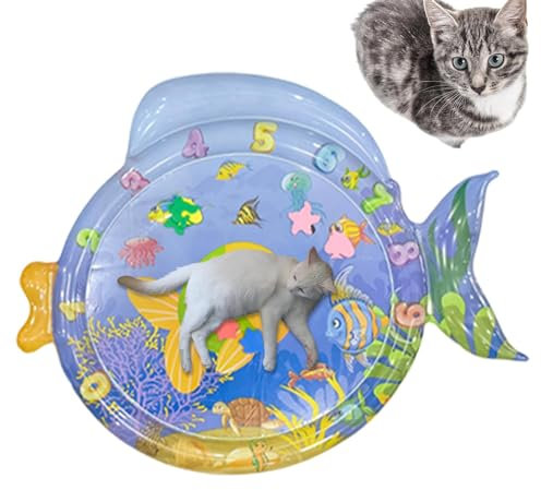 Sensorische Wasserspielmatte für Katzen,Katzen-Wasserspielmatte,Verdickte sensorische Spielmatte in Fischform, Cartoon - Coole Haustier-Wasser-Sensormatte, interaktives Spielzeug, Haustierbedarf für I