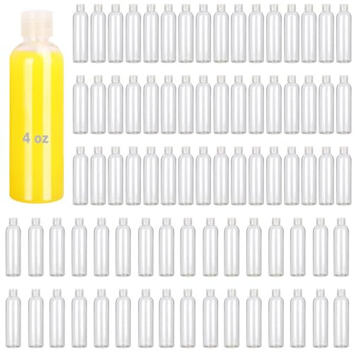 KUKLIPJIM 100 Pack 4 oz Plastic Squeeze Bottles with Top Flip Caps, Clear Empty Squeeze Bottles for Lotion, Travel-Friendly Clear Refillable Bottles, BPA-Free for Liquids and Personal Care