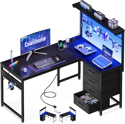 Coleshome Escritorio Esquinero Gaming con 4 Cajones, 110x80cm, Negro