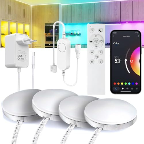 4 PCS RGB WiFi Lumière LED Cuisine Luminaires Intérieur Sous Meuble et Lampe de Placard avec pour Alexa et Google Assistant - Contrôle via App et Télécommande RF 2.4G -Éclairage Idéal pour Armoires