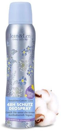 Jean & Len déodorant en spray Sensitiv Cotton Care, offre jusqu'à 48h de protection déodorante fiable, soin sensible, effet antibactérien, sans aluminium (ACH) ni alcool, végétalien, 150 ml