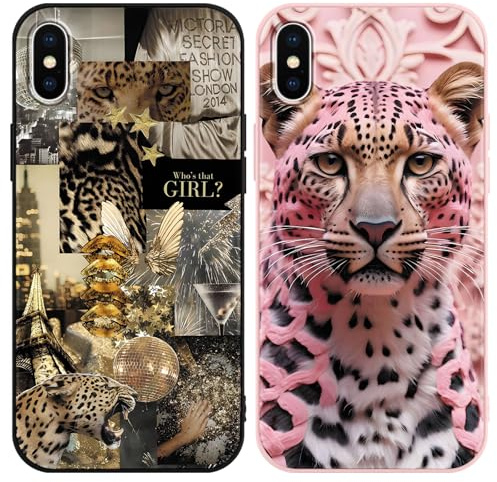 Vxinvnoi 2 Stück Handyhülle für iPhone X/iPhone XS Hülle 5,8, Aesthetic Muster Glitzer Motiv Weiche TPU Ultra Dünn Silikon Schutzhülle Kratzfeste Stoßfest Bumper Case für Mädchen, Leopard Collage