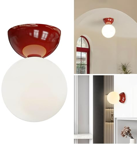 XIRYTU-H Lámpara de Techo Vidrio o Aplique de Pared Estilo Nórdico Moderna, G9, Globo Blanco y Metal, Lámpara Pequeña para Dormitorio Baño Pasillo (Rojo)