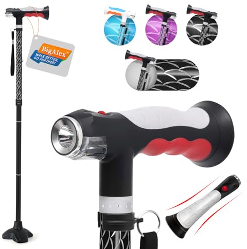 BigAlex Bastón Ligero con Doble Luz LED para Mayores, Plegable y Altura Ajustable, Base Cuádruple Antideslizante, Bastón de Senderismo para Hombre y Mujer, Ayuda para Caminar y Levantarse