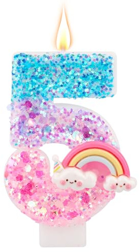 Vela de Cumpleaños con Número Arcoíris, Velas Macarrones Brillantes y Coloridas para Pastel Cumpleaños Suministros para Fiestas Temáticas de Dibujos Animados (Número 5)