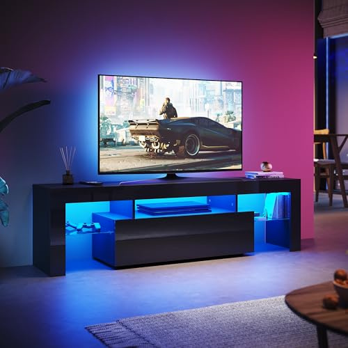 SUNXURY TV Schrank 160cm mit LED Beleuchtung TV Board Schwarz Lowboard mit Glasregal Fernsehtisch 160 x 45 x 35 cm (B/H/T)