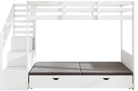Generisch Etagenbett, Doppelbett, multifunktional, mit Treppenschrank und 2 Schubladen, ohne Matratze, die untere Schicht kann als Bett oder Sofa verwendet Werden, mit Kissen, weiß, 90 * 200