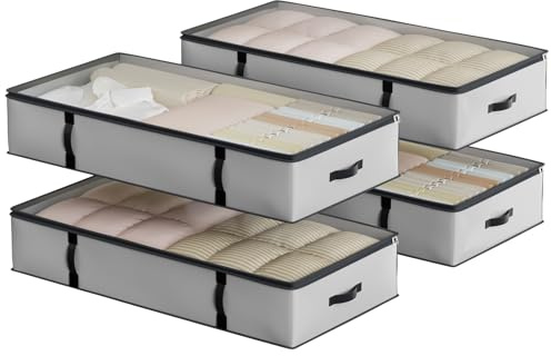 Oak & Tea Storage Bags Under Bed 90L 4-Pack, Moving Bags Wardrobe Organiser with Lid Zips, PE Coated Woven Fabric - Waterproof Storage Box with Clear Window for Clothes, Blankets, Bedding100x50x18CM